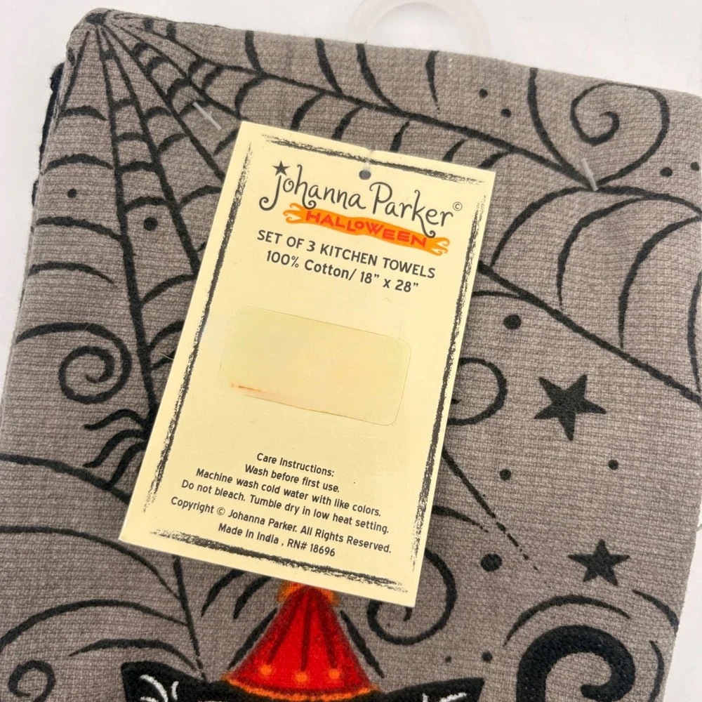 Johanna‎ Parker Halloween Kitchen Towels Set Black Cat Pumpkin Boo Grey Cotton